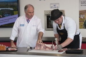 Douglas Scott, chief executive of the Scottish Federation of Meat Traders Associations joined Jamie Syme of Alex Mitchell Butchers in Glenrothes who prepared a loin of Specially Selected Pork during the Saturday butchery demonstration.