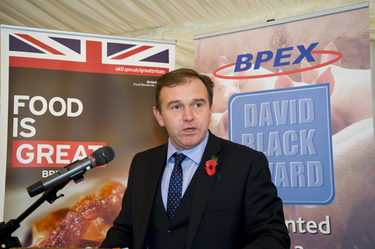 Farming Minister, George Eustice with export banner.