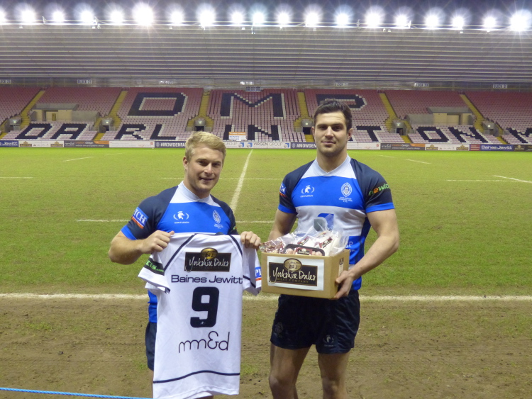 Darlington players, Zylon McGaffin (left) and Cameron Mitchell (right) supported by Yorkshire Dales Meat Company.