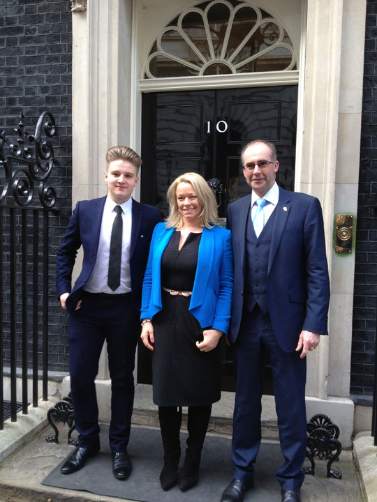  Pictured outside 10 Downing Street is Lucianne Allen (Aubrey Allen) centre with George Scott (left), winner of Best Student in Food Industry Skills and Paul Cadman (right) of Walter Smith Fine Foods.