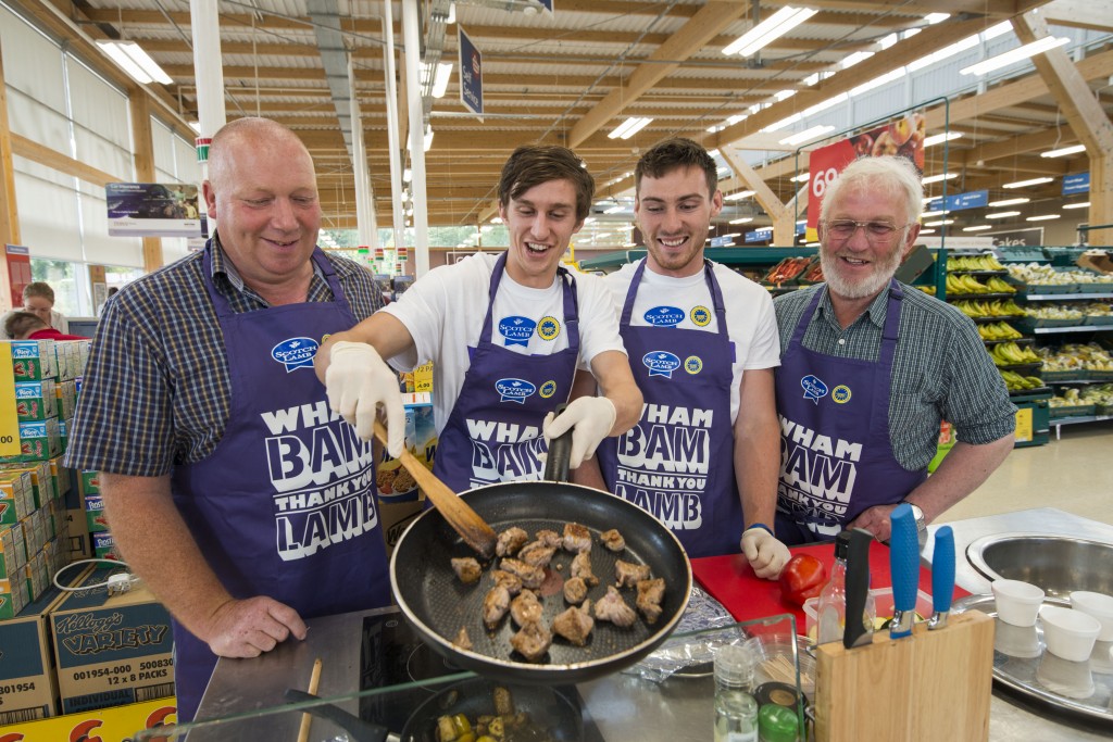 Aberdeenshire sheep farmers, Andrew Robertson (left) and Sandy Tulloch (far right) join QMS Scotch Lamb ambassadors James Harrison and Robbie Swan at a QMS Scotch Lamb sampling event in Tesco Banchory. Photo credit: Alan Richardson Dundee.