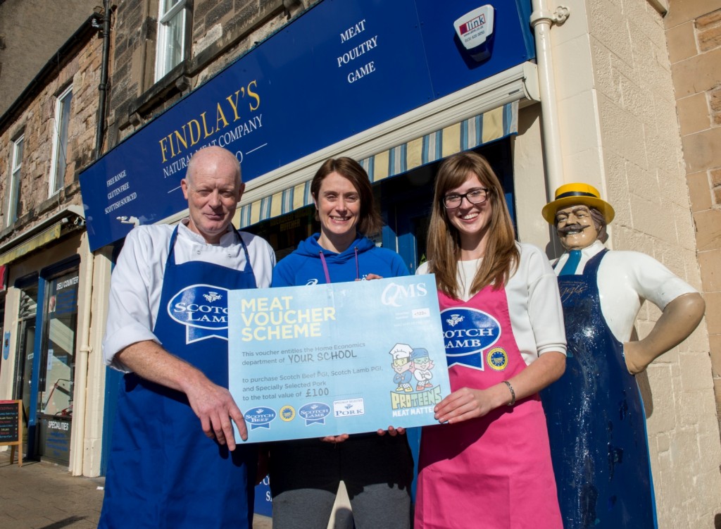Billy Hoy from Findlays of Portobello, judo Olympian Sarah Clark and QMS health and education executive Jenni Henderson launch the Schools Meat Voucher Scheme at Findlays of Portobello. 
