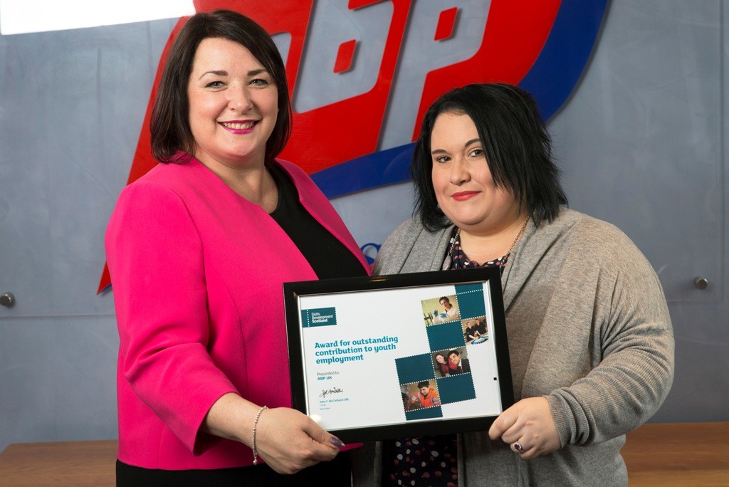 Skills Development Scotland Youth Employer of the Month Award…15.04.16 Claire Owen presents the award to ABP Human Resources Officer Sonia Riveiro 