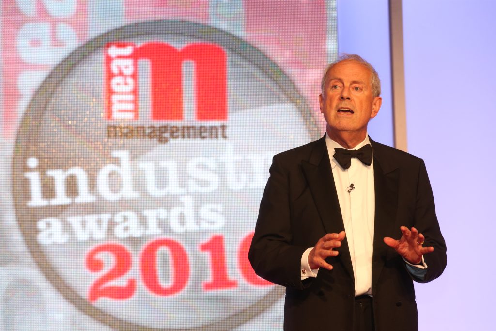 Broadcaster and author Gyles Brandreth speaking at the MM Meat Awards 2016.