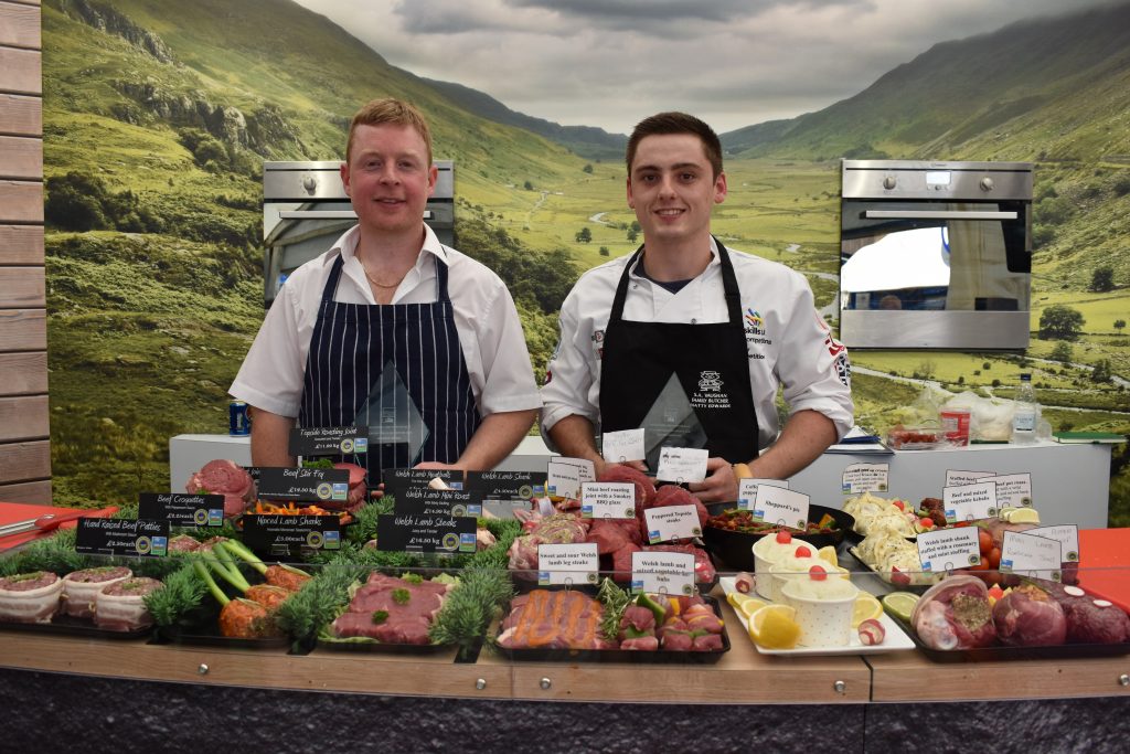 HCC Butchers’ Club winner Mark McArdle (left) and runner-up Matthew Edwards (right) with their product displays at the Royal Welsh Show.